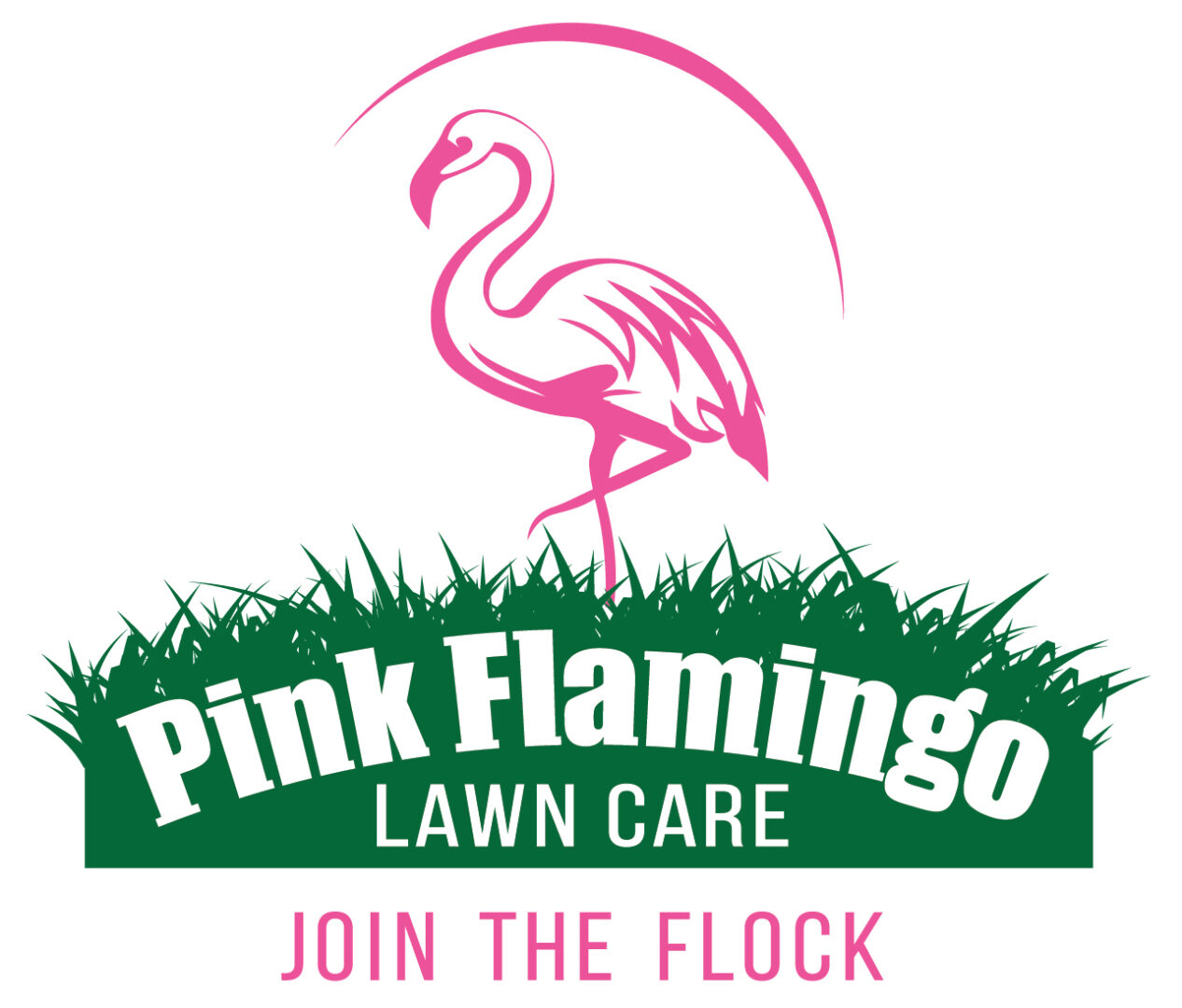 A pink flamingo lawn care logo with grass and a bird.