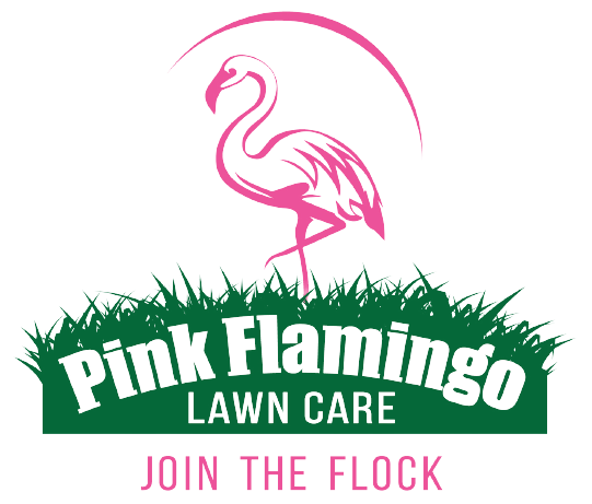 A pink flamingo lawn care logo with grass and trees.